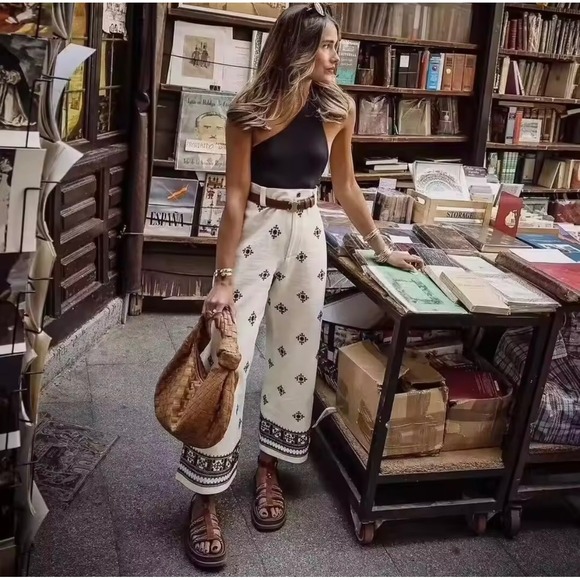 Commense Pants - Commense Patterned Cropped Pants Bohemian Style Wide Leg Trousers size S